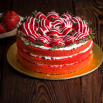 Strawberry fruit cake and fresh strawberry on wooden table 1